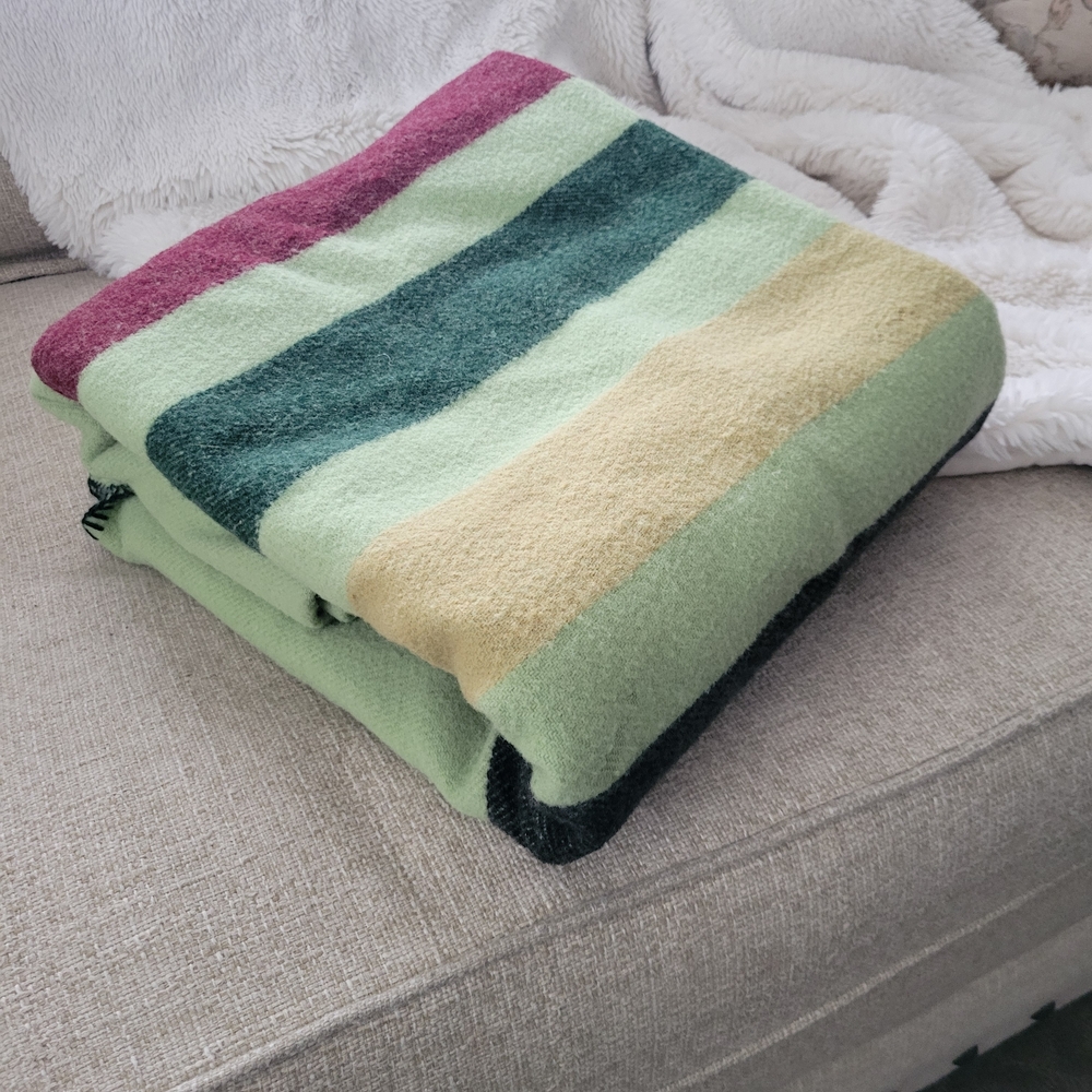 Routt County WOOLENS Wool 80x48 Striped Green Multi-Color Throw Blanket